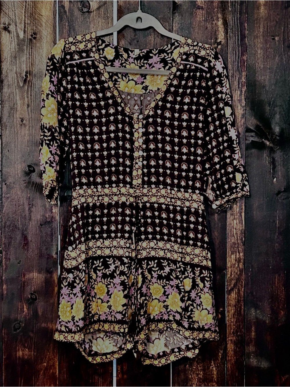 Spell Floral Patchwork Romper in Black, Yellow & Lavender